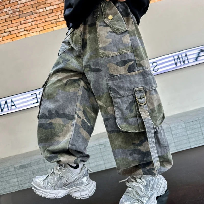 2025 New Boys Autumn Camouflage Tactical Pants - Kids Cargo Pants with Multiple Pockets, Trendy & Comfortable for 8-14 Years Old