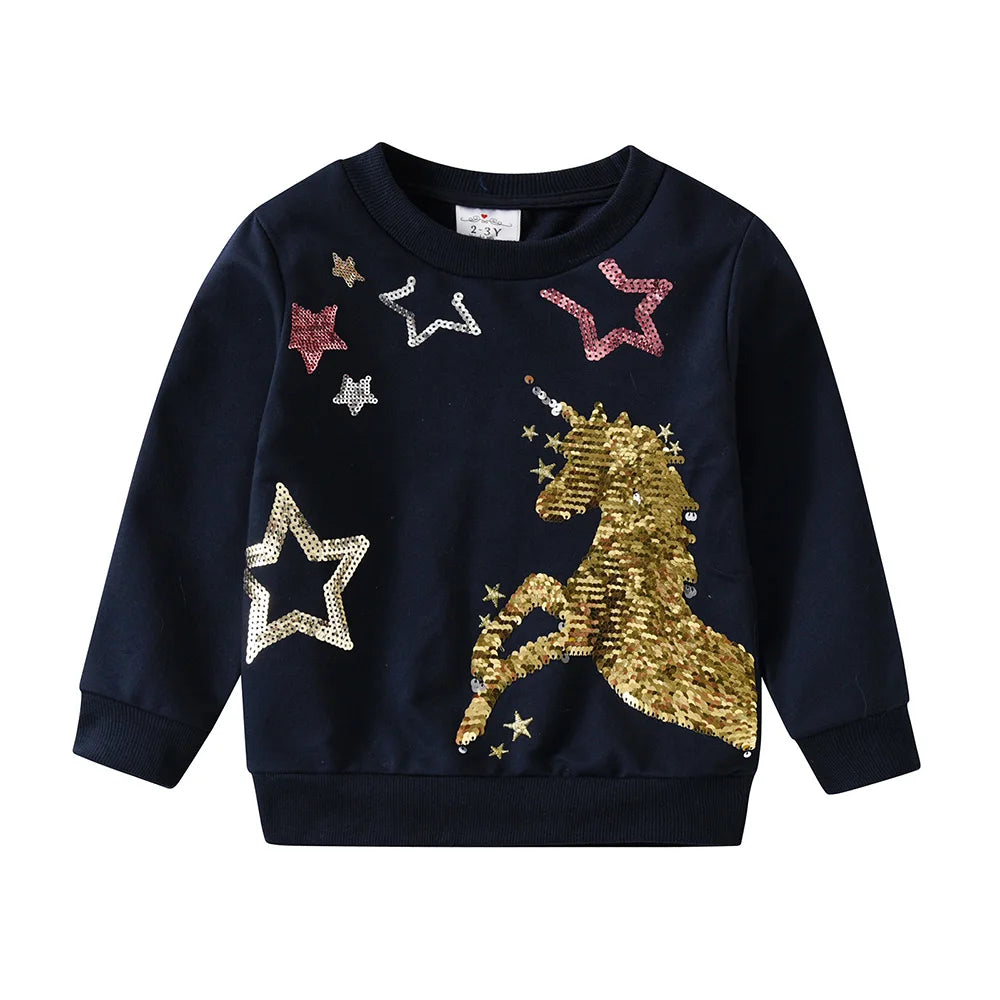 Toddlers Girls Cotton Sweatshirt with Golden Sequined Unicorn Sparkly Star Appliqued Outfits Kids Daily Street Cool Casual Wear