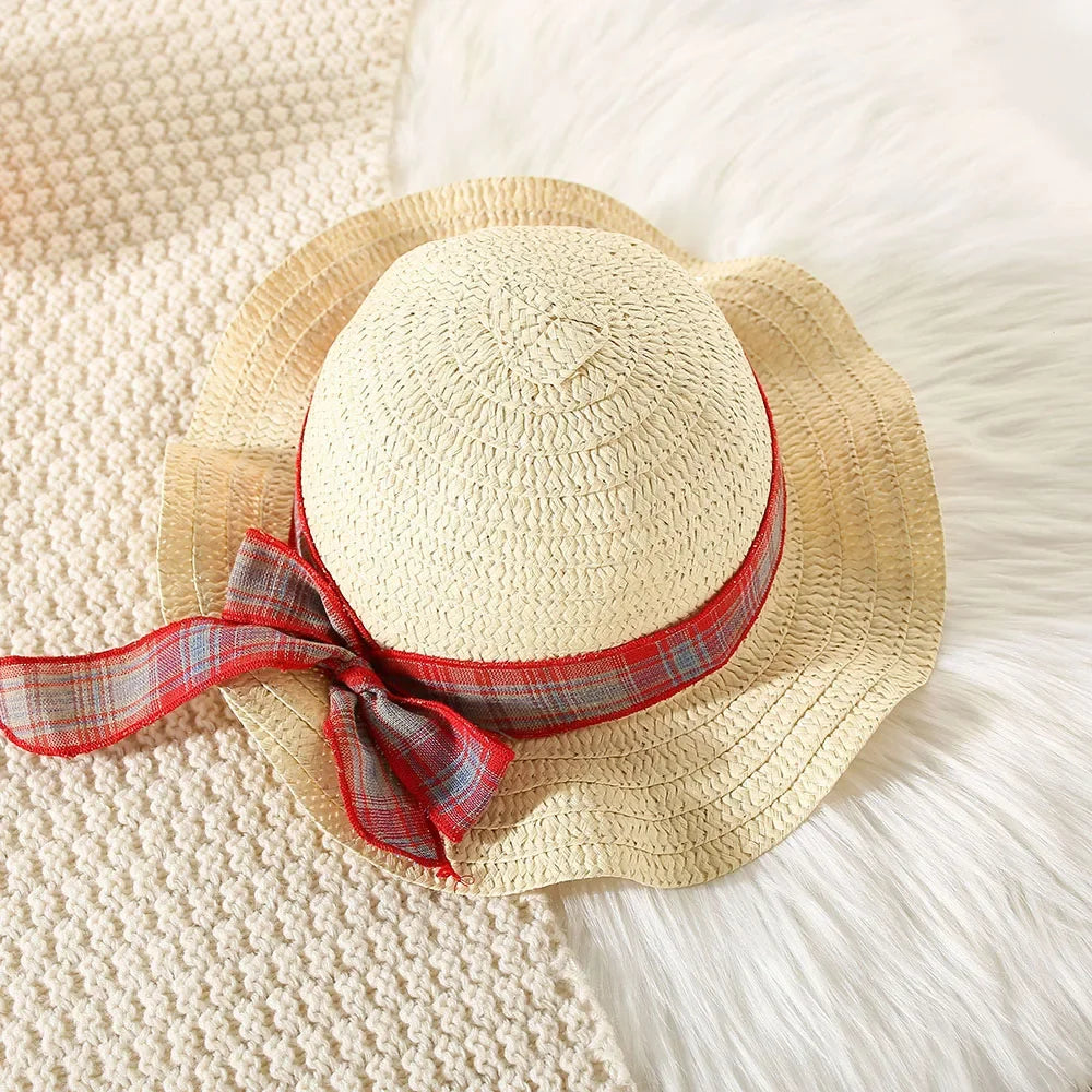 2Pcs/SetGirl's Dress Summer New Children's French Sweet Sling Dress Little Girl Red Checkered Cake Dress Comes with Hat