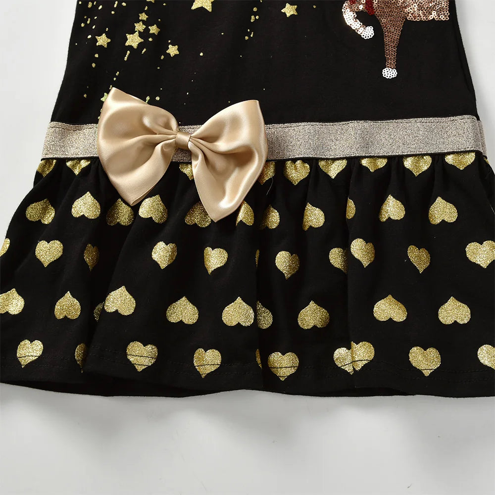 VIKITA Girls Christmas Dress Kids Golden Stars Reindeer Sequined Appliqued Festival New Year Holiday Party Bow Knot Gift Dresses