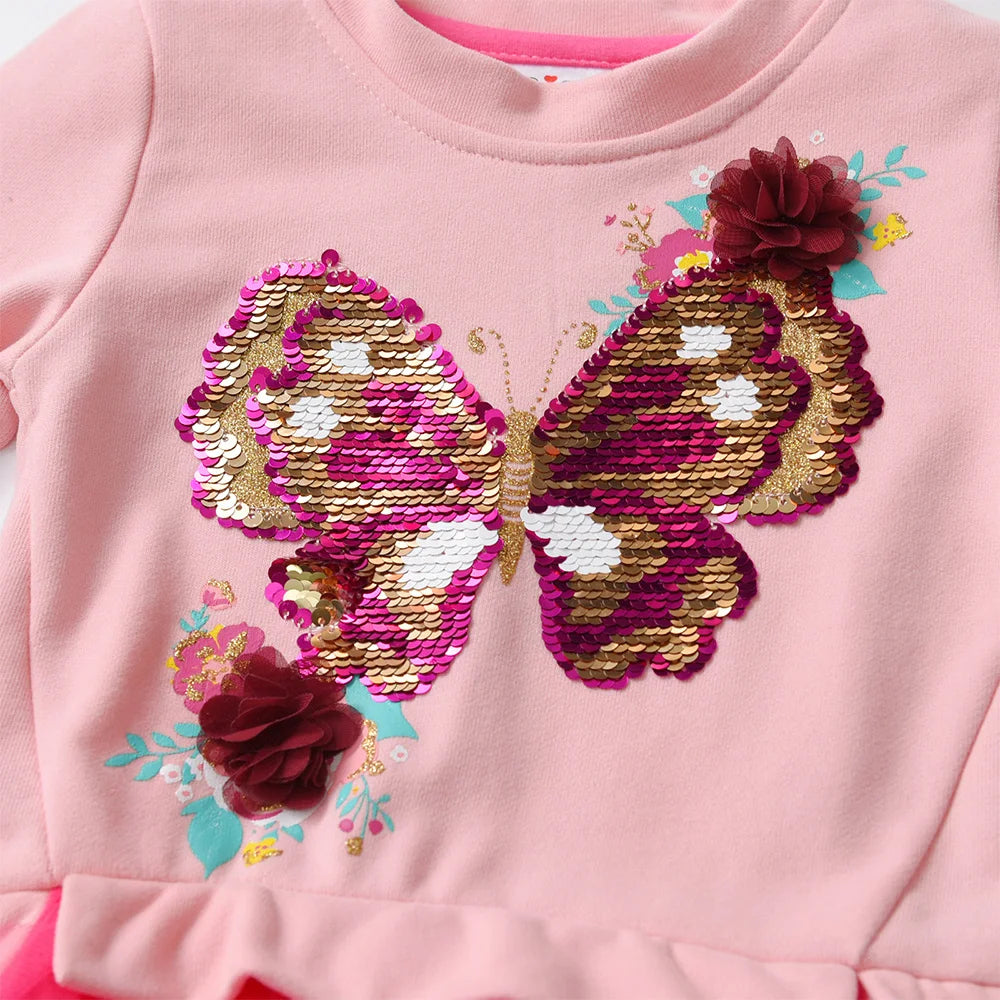 VIKITA Kids Hoodies Dress Girls Patchwork Pink Dresses Girls Sequined Butterfly Appliqued Mesh Tulle Princess Thick Tutu Dress