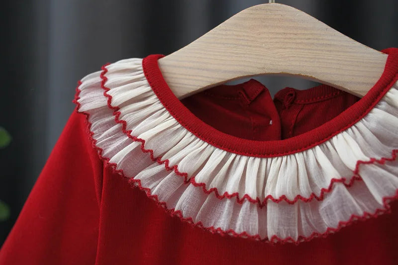 Spring And Autumn New Cherry Chiffon Baby Girl Princess Dress, Red Long Sleeve Christmas Party Children'S Clothes（0-3 Years Old）