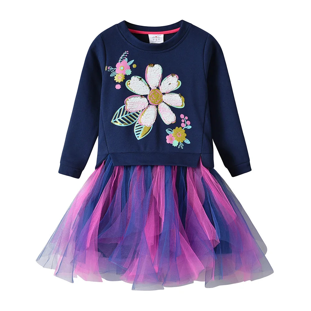 DXTON Autumn Winter Girls Clothing Flower Sequined Long Sleeve Children Sweater Dresses Mesh Patchwork Princess Cotton Dresses