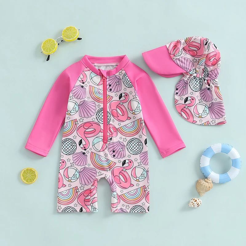 Baby Boys Rash Guard Swimsuit with Hat 2 Pcs Set Zip Up Long Sleeve Crew Neck Toddler Boys Swimwears and Sun Protection