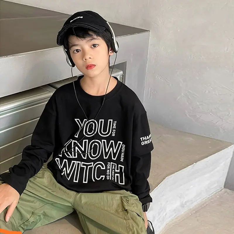 Letter Print Children's Clothes Boys Child T-shirt Long Sleeve Tshirt Clothing 7 12 Years Boy's Kids Wear T-shirts Top Oversized