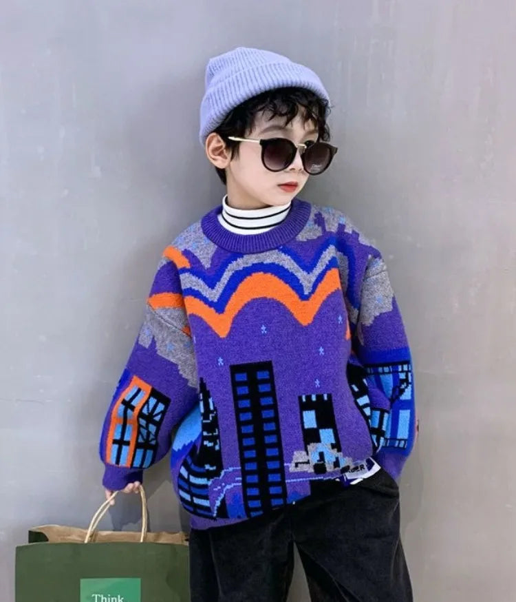 2025 Autumn/Winter New Boys' Fleece-Lined Thickened Crewneck Sweater, Korean Style Toddler Big Kids Knitwear