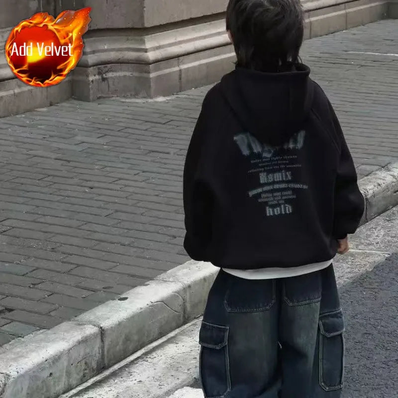 2025 New Boys' Vintage American-Style Mid-Large Slouchy Loose Fit Thickened Fleece-Lined Casual Hoodie for Autumn Winter