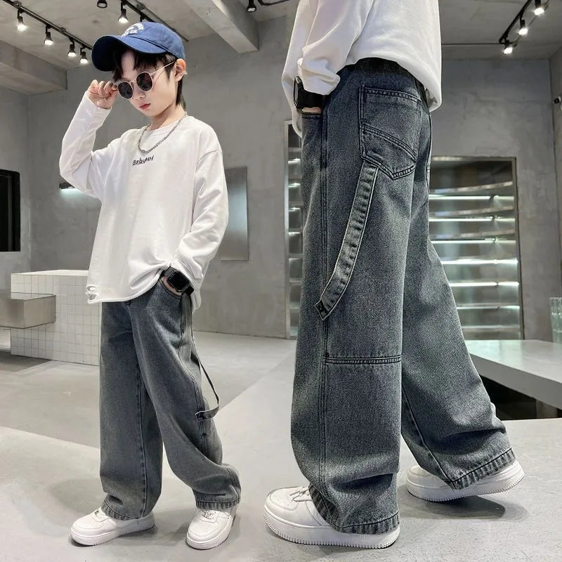 2025 Spring Boys' Wide-Leg Jeans Loose-Fit Trendy Streetwear for Kids Ages 8-14