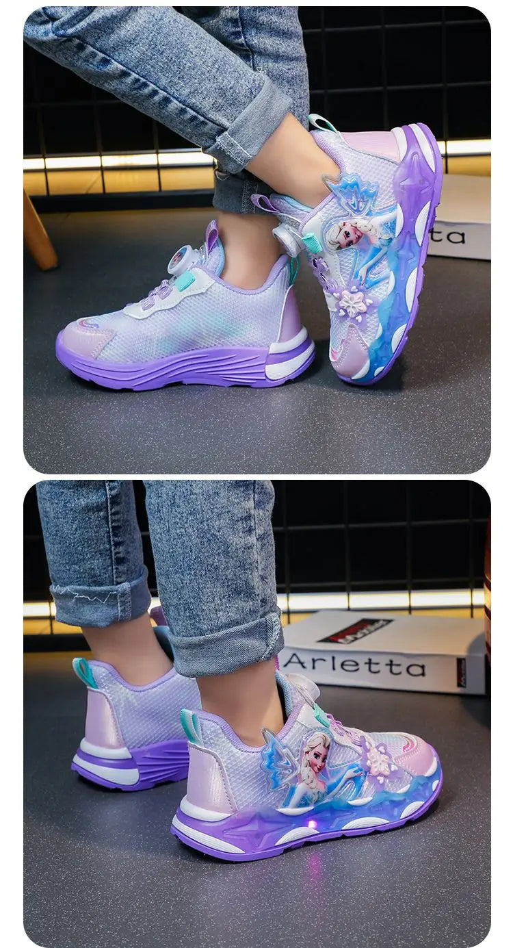 Disney LED Casual Sneakers Spring Girls Frozen Elsa Princess PU Leather Shoes Children Lighted Non-slip Pink Size 23-35