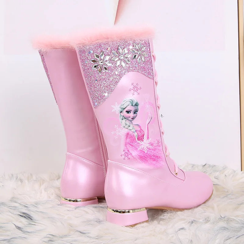 Disney Girls' Leather Boots Winter Cartoon Frozen Boots Side Zipper High Plush Princess Elsa Boots Warm Children's Boots Size 27