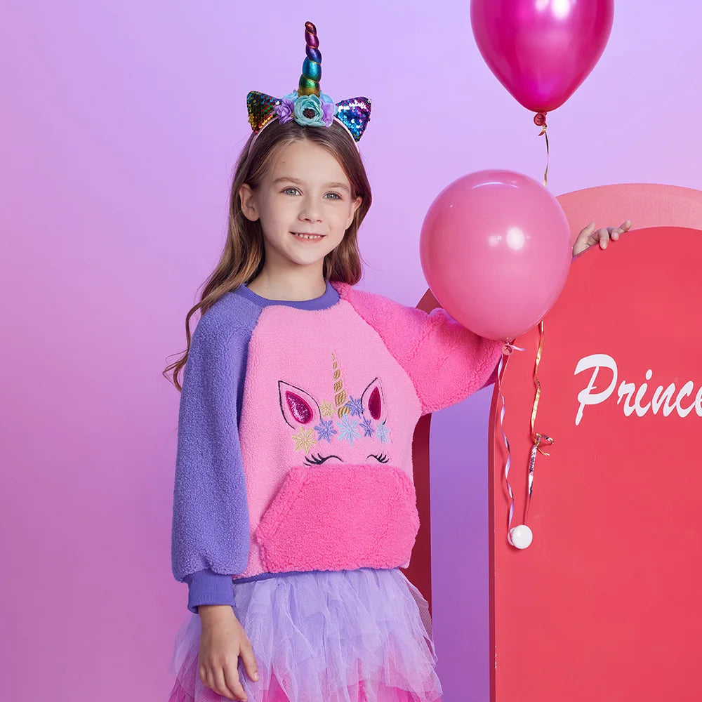 VIKITA Girls Fleece Sweatshirts Kids Autumn Winter Unicorn Appliqued Long Sleeve Sports Casual Outwear Children's Tops Pullover