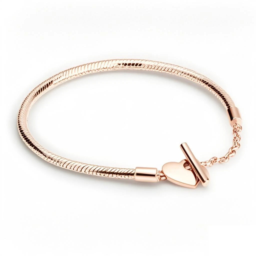 New 925Silver original 17-21CM Pearl Heart-Shaped Hard Ring Square Buckle Round Bracelet Fit for DIY Mini Birthday Jewelry Gifts