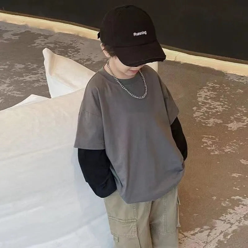 Fake Two Pieces Children's T-shirts Cartoon Fashion Boys Long Sleeve Tee Korean Clothes 2025 Top Clothing Boy T-shirt Kids Child