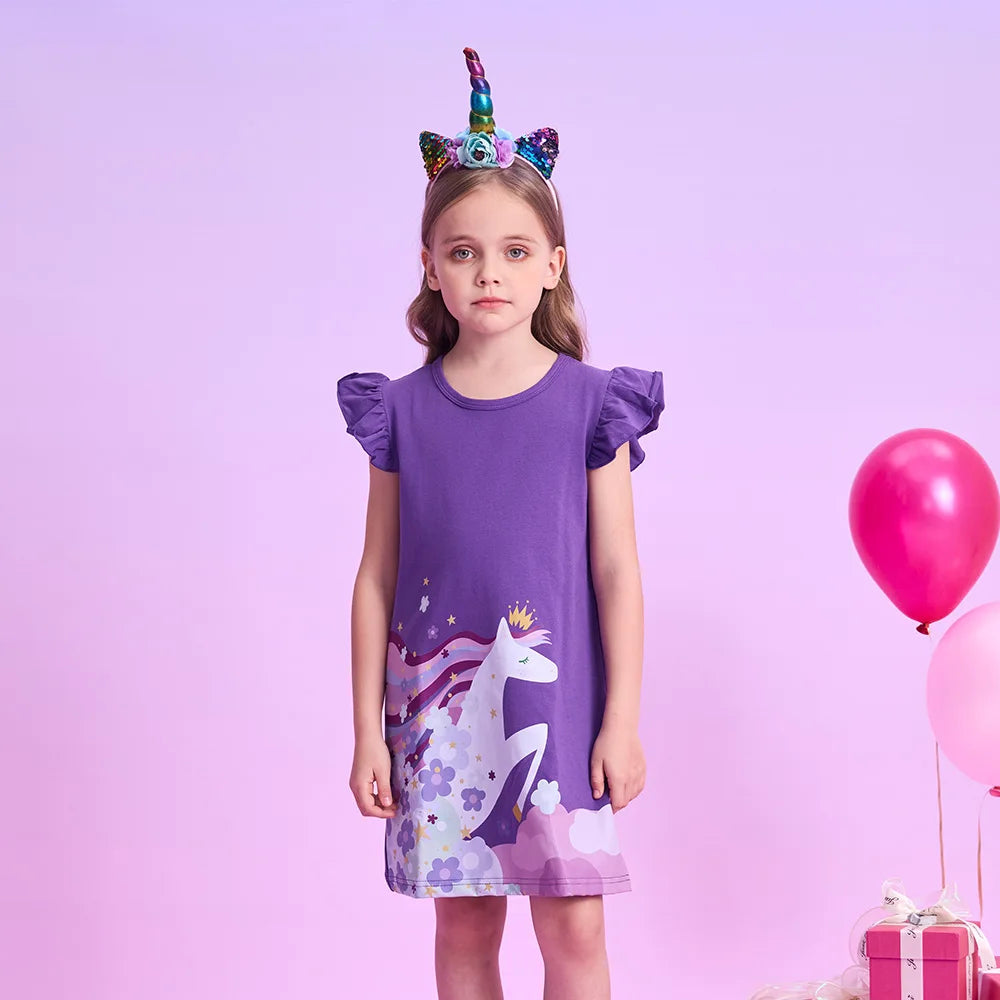 VIKITA Girls Flare Sleeve Summer Dress Kids Cotton Casual Licorne Flower Print Purple Princess Straight Dress Children Clothing