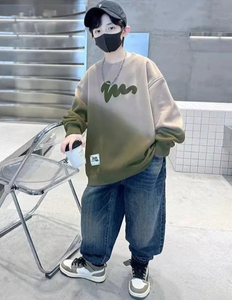 Boys' Medium-Large 2025 Autumn/Winter Trendy Fleece-Lined & Thickened Warm Loose Fit No Hood Sweatshirt