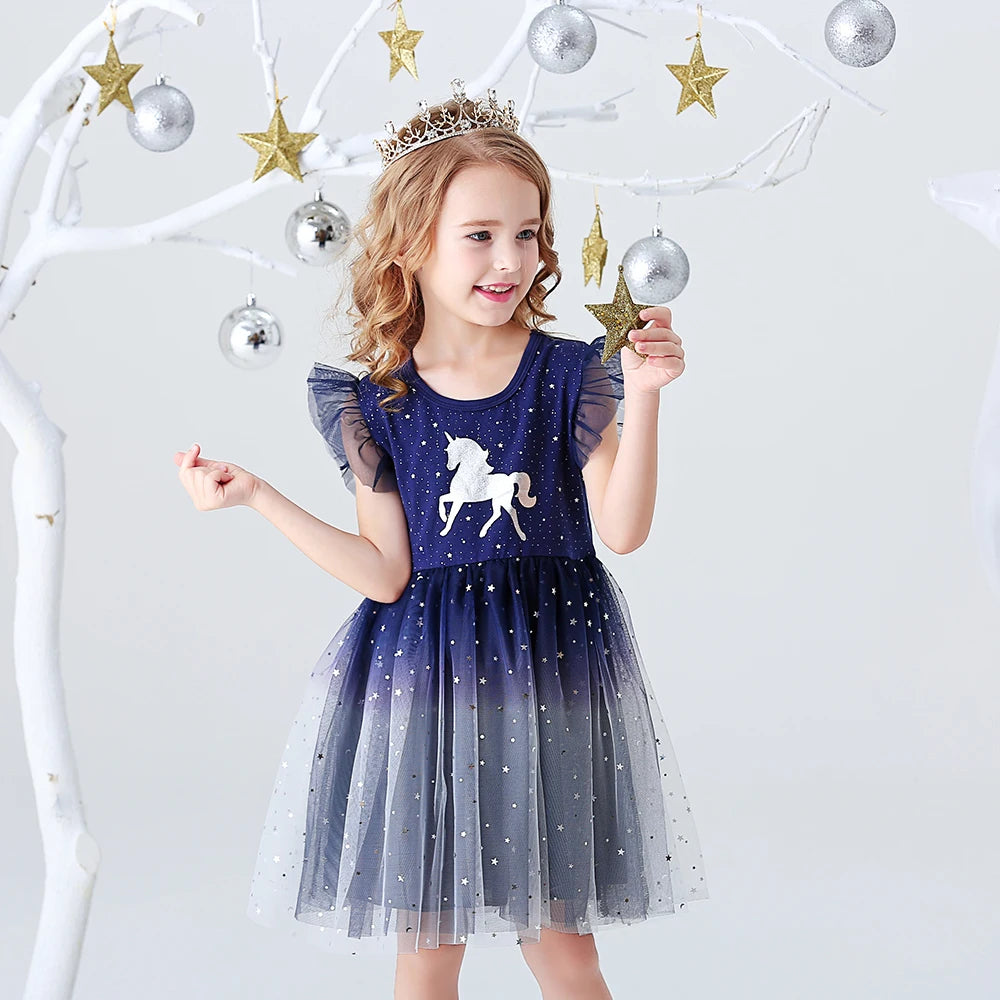 VIKITA Girls Starry Dress Kids Sequins Sleeveless Dresses Kids Elegant Cute Princess Tutu Vestidos Children Summer Tulle Dress