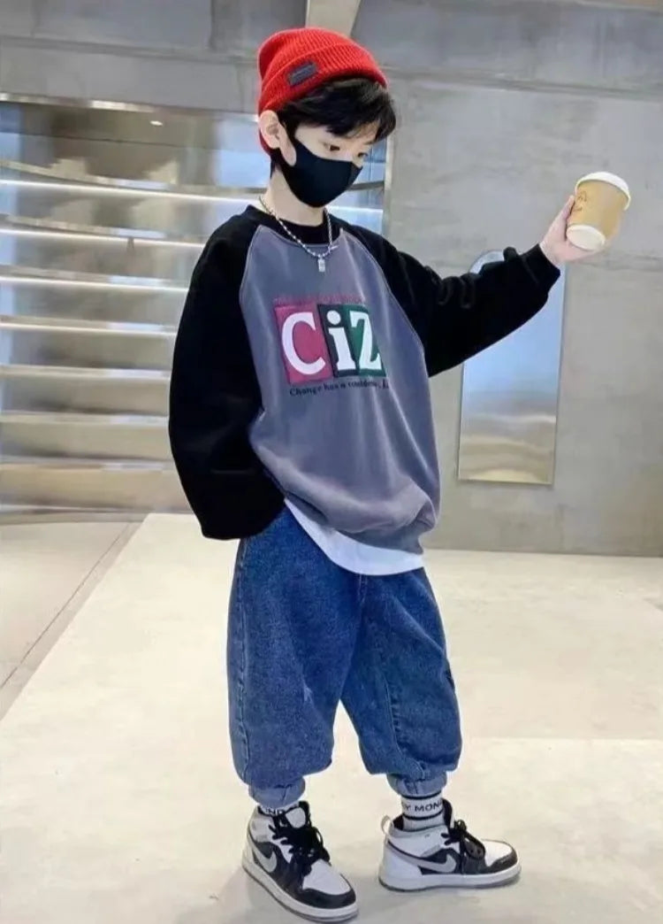 Boys' Medium-Large 2025 New Arrival No Hood Street-Style Korean Trendy Layering Top Kids Sweatshirt for Spring/Autumn