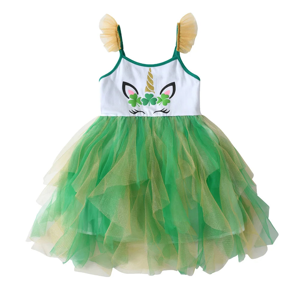VIKITA Toddlers Girls Green Irregular Tulle Mesh Dress Girls Spaghetti Strap Unicorn Festival Party Princess Tutu Sling Dresses