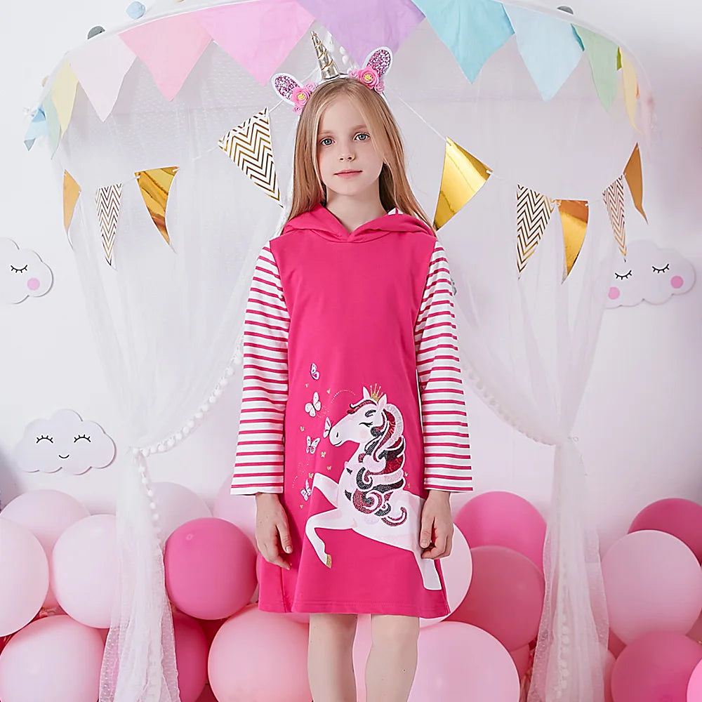 VIKITA Kids Cotton Casual Street Fashion Dress Girls Licorne Butterfly Sequined Appliqued Hooded Dresses Kids Cute Pink Dress