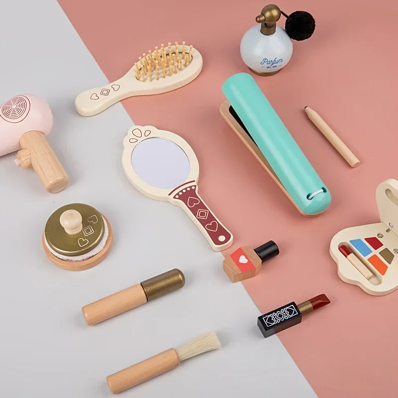 Montessori Wooden Makeup Toys for Girl, Girls Pretend Beauty Makeup and Salon Set Toys, Toddler Makeup Kit Gift Toys