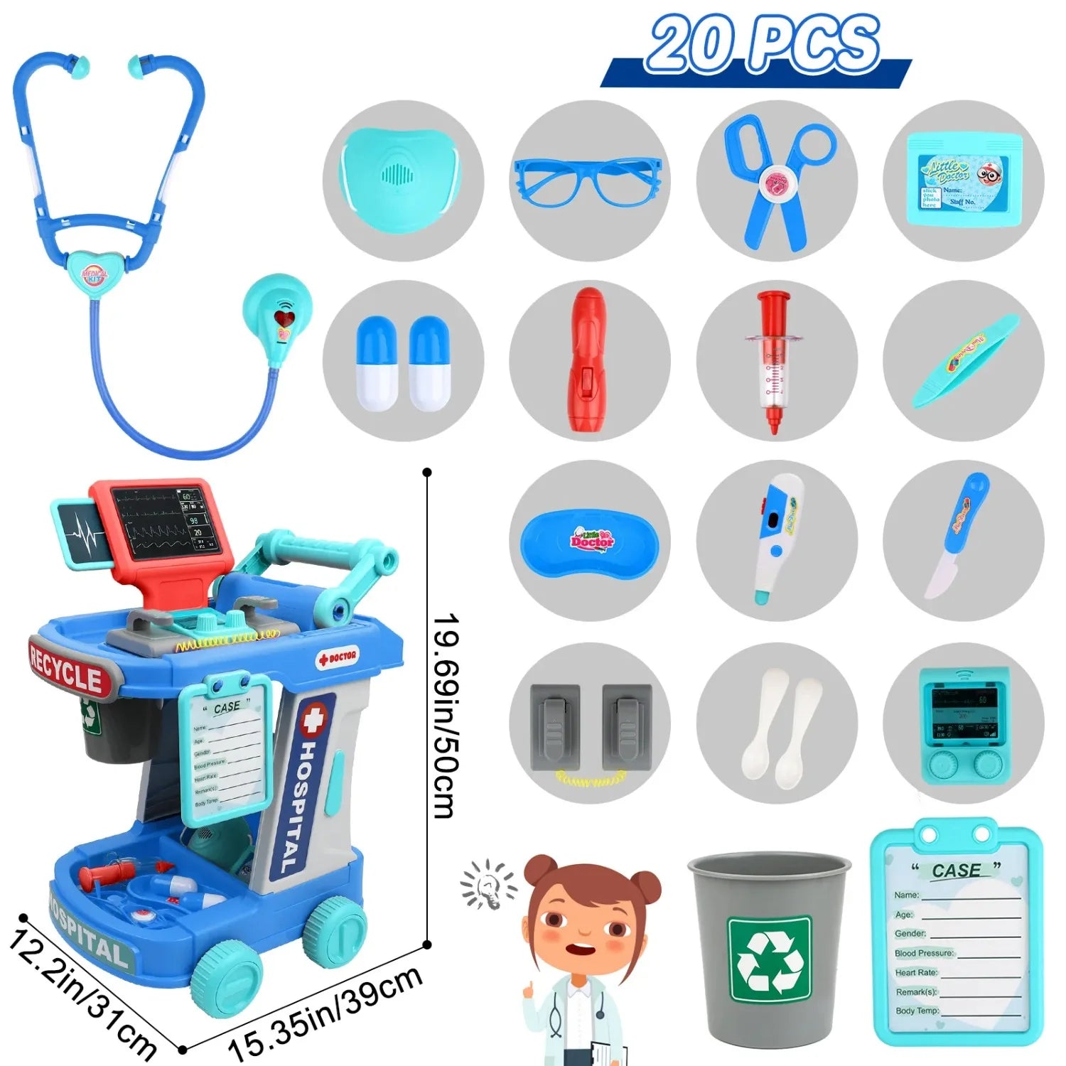Doctor Toys for Girsl Boys Dentist Vet Toddlers Toys Pretend Play Dress Up Kids Doctor Costume with Cart Set Medical Kit