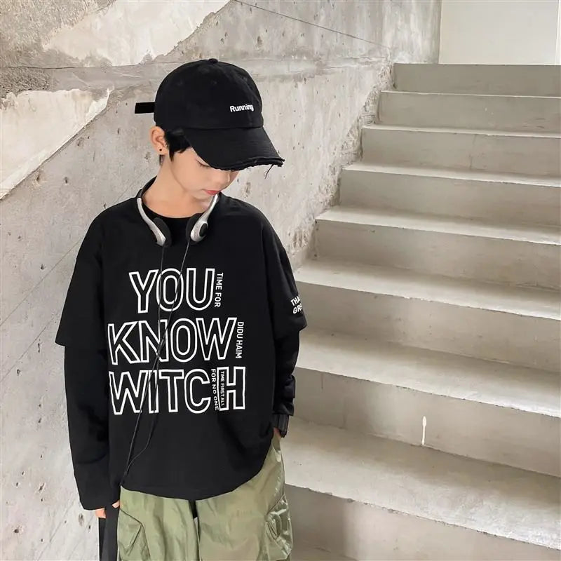 Letter Print Children's Clothes Boys Child T-shirt Long Sleeve Tshirt Clothing 7 12 Years Boy's Kids Wear T-shirts Top Oversized
