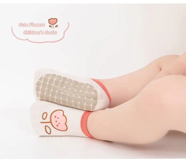 3Pairs Baby Non Slip Socks Cotton Casual Cartoon Print Boys Girls Toddler Floor Socks With Rubber Grips For 1-3Years