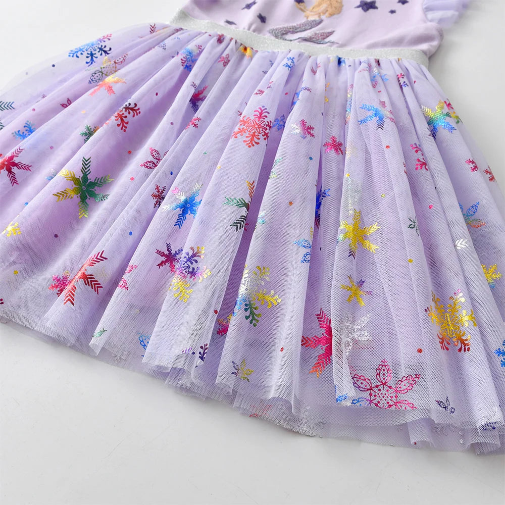 VIKITA New Children Clothes Girls Summer Flare Sleeve Purple Dress Kids Mermaid Sequins Mesh Tulle Princess Party Tutu Vestidos
