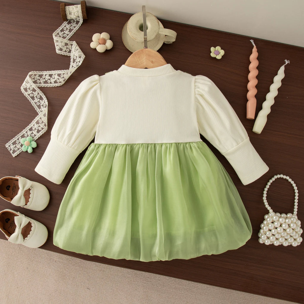 Spring And Autumn New Fake Two Piece Long Sleeve Baby Girl Dress, Sweet Bow Children'S Clothing For Babies Aged 0-3 Years