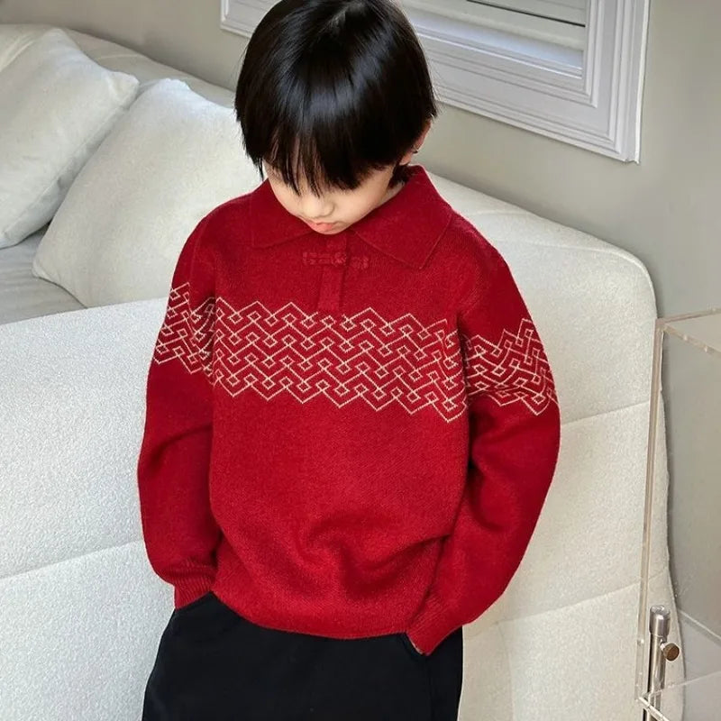 Boys' Red POLO Knit Sweater 2025 Autumn/Winter New Big Kids New Year Outfit Traditional Chinese Style Warmth Crossover Sweater