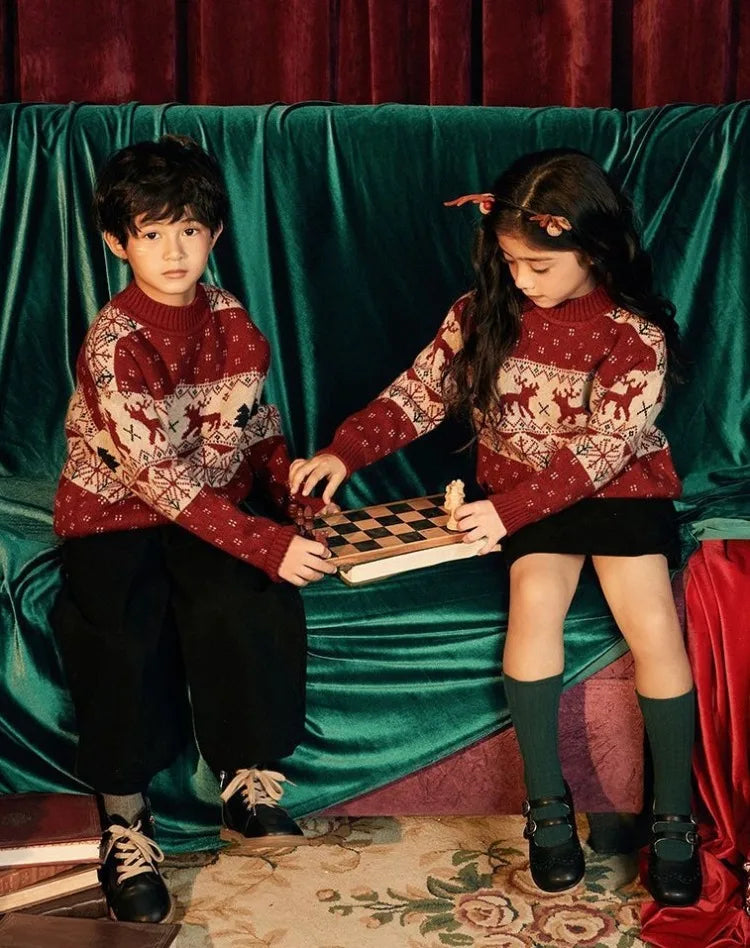 Kids' Christmas Thickened Fleece-Lined Pullover Sweater - Korean Style Warm Baby Boy & Girl Red Holiday Knitwear for Toddler