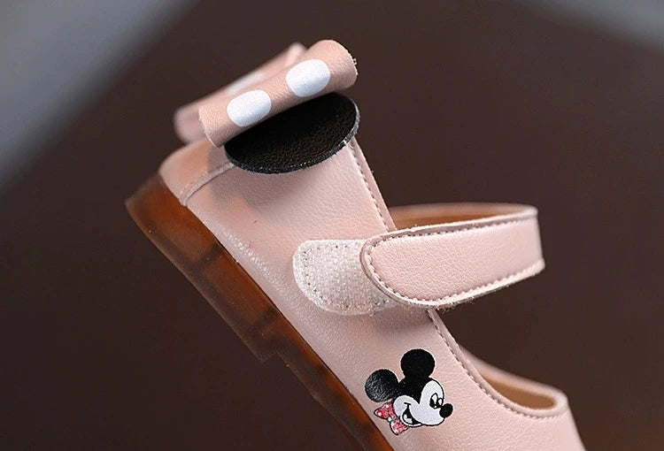 Disney Casual Shoes Kids Mickey Mouse Shoes For Girls Outdoor White Pink PU Leather Children Flats Soft Toddler Size 21-30