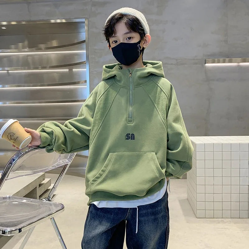 2025 New Boys' Mid-Large Spring-Autumn & Autumn-Winter Fleece-Lined Thickened Hooded Hoodie - Trendy Streetwear Boys' Top
