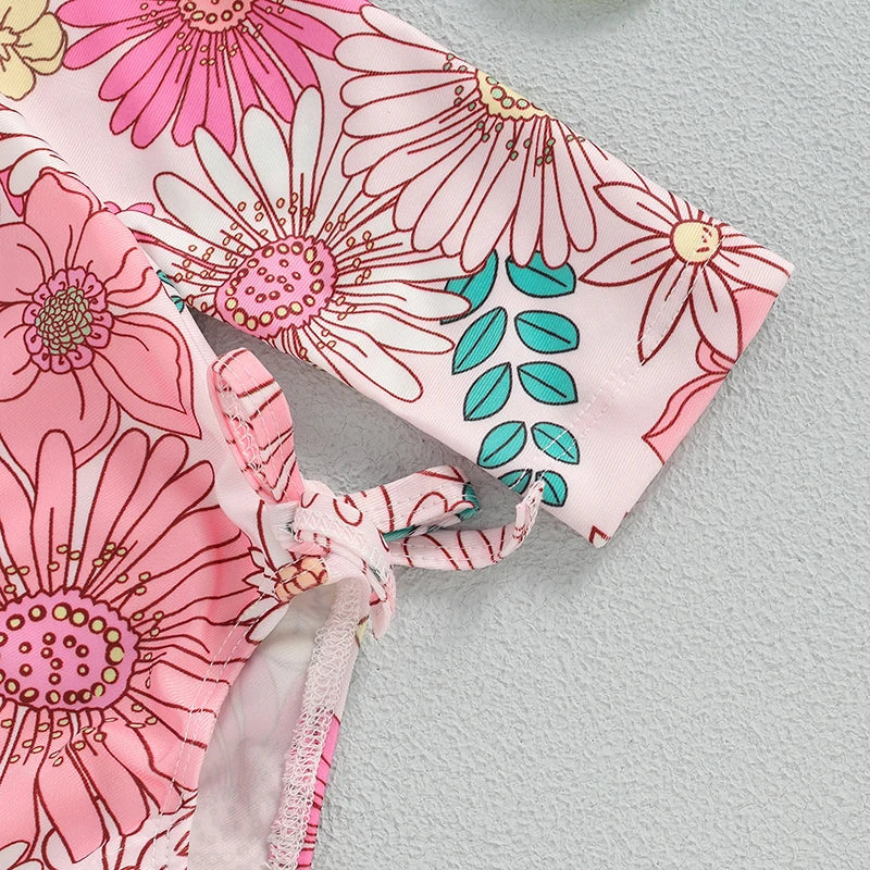 Infant Girls  Rash Guard Swimsuit with Long Sleeves and Cute Floral Print Baby Beachwear Tie-Up Bathing Suit