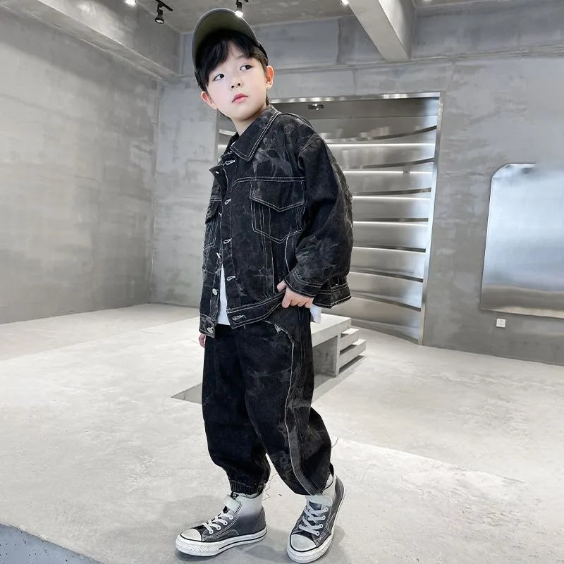 2025 New Boys' Medium & Large Size Denim 2-Piece Set Stylish Korean Trendy Spring Autumn Outfit