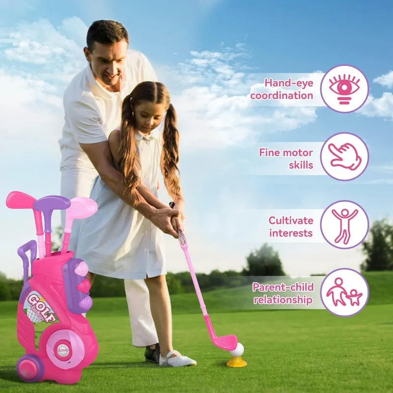 Toddler Golf Club Set Kids Golf Cart with Wheels Shoulder Strap Indoor & Outdoor Sports Toys Christmas Gift for Boys Girls