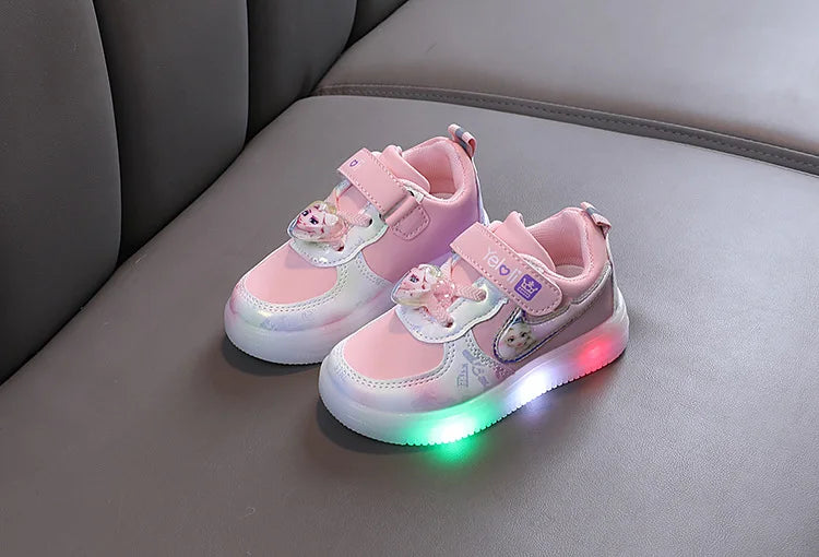 Disney Kids Girls Shoes Children Sneakers Girls Elsa Frozen Princess Casual Sport Student Shoes LED Lights Shoes Size 21-30