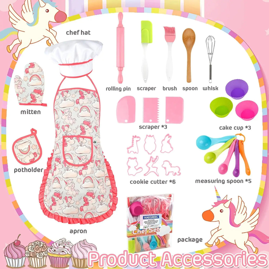 Kids Baking Chef Set with Unicorn Apron & Mitt Kid Cooking Set with Chef Hat Spoons Whisk Dress Up Role Play Gifts for Girls Boy