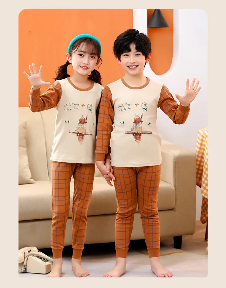 Children's Autumn Clothes and Pants Pure Cotton Set for Boys and Girls Warm Underwear Cartoon Pattern Children's Pajamas Set