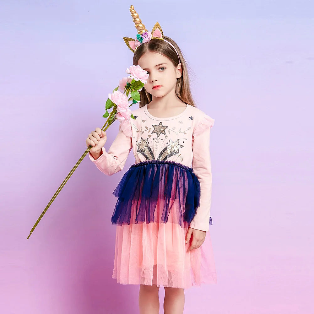 VIKITA Kids Pink Dress Girls Long Sleeve Autumn Spring Dress Kids Star Sequins Appliqued Vestidos Layered Princess Casual Wear