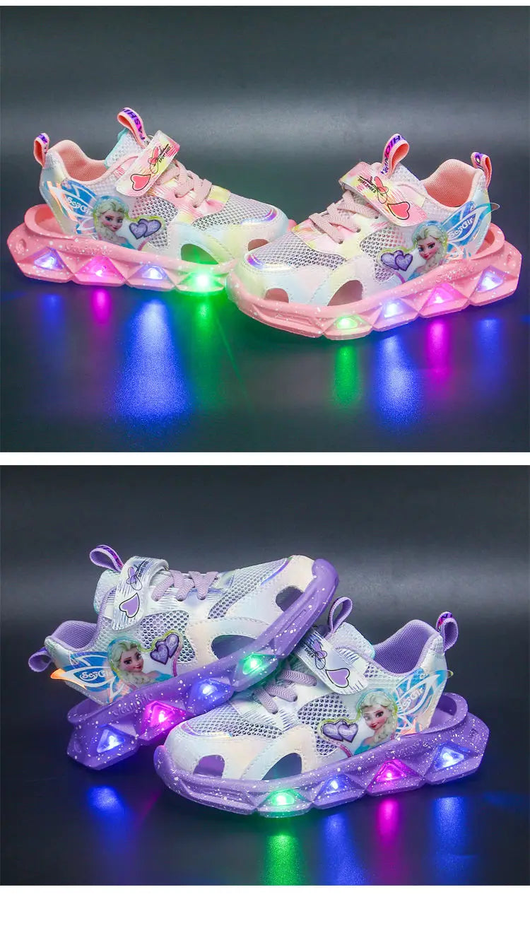 Disney Children's Sandals Women's Summer Girls' Sandals Led Lights Kids' Baby Princess Elsa Beach Pink Purple Shoes Size 22-37