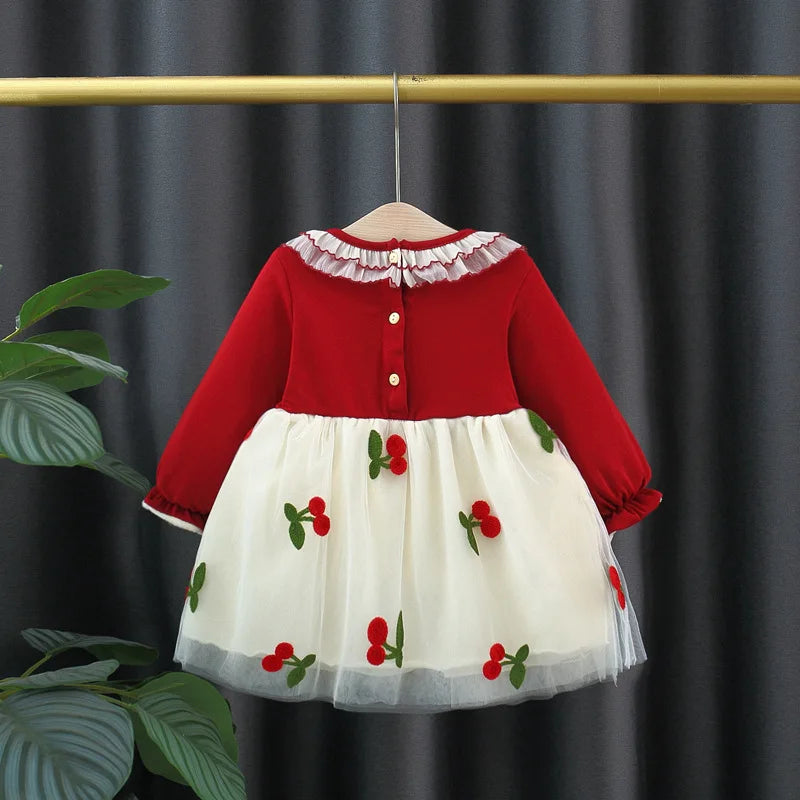 Autumn And Winter New Red Christmas Party Baby Girl Princess Dress, Sweet Bow Thickened Children'S Long Sleeved Clothes
