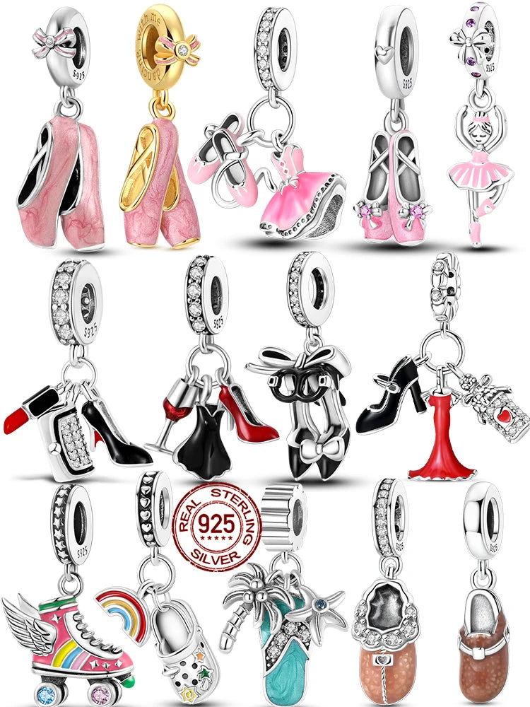925 Sterling Silver Original Pink Ballet Shoes Charms Ballet Dancer Pendants For Women DIY Bead Fit Original Bracelet Necklace