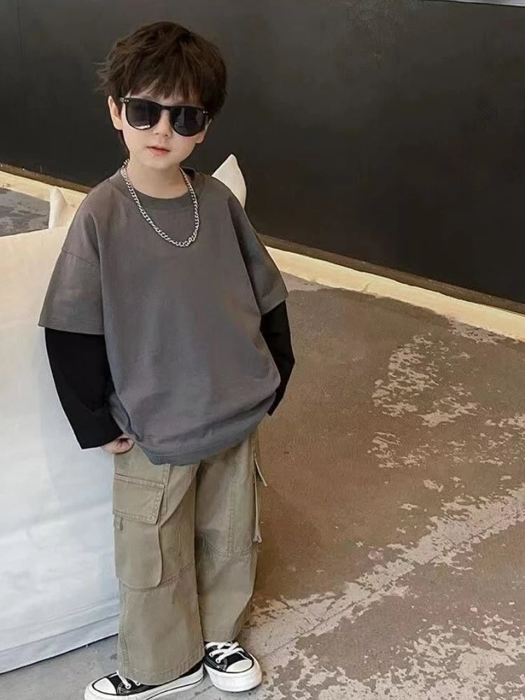 Fake Two Pieces Children's T-shirts Cartoon Fashion Boys Long Sleeve Tee Korean Clothes 2025 Top Clothing Boy T-shirt Kids Child