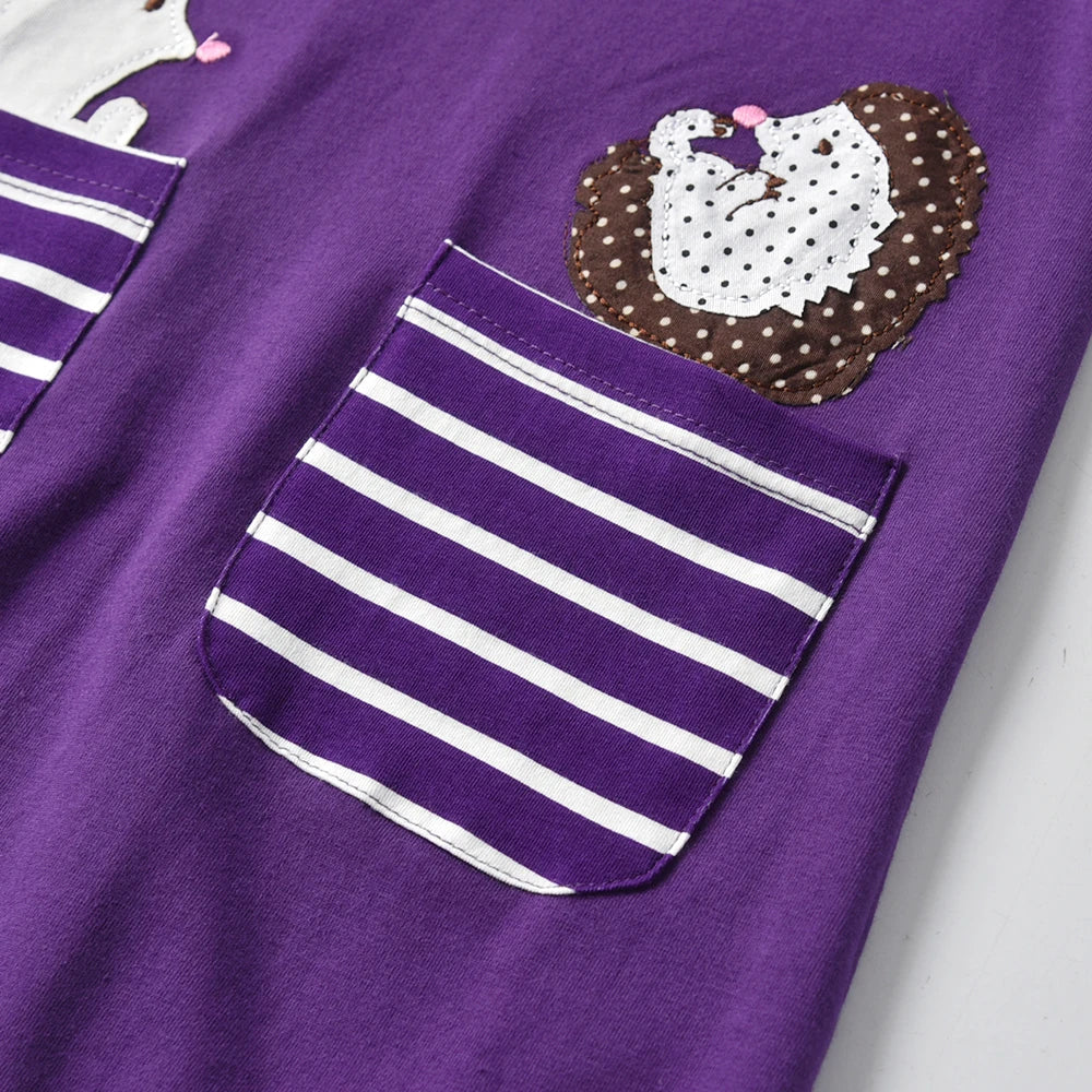 VIKITA Girls Purple Dress Kids Summer Cotton Casual Daily Dresses Girls Hedgehog Print Cartoon Dress with Pockets Kids Clothing