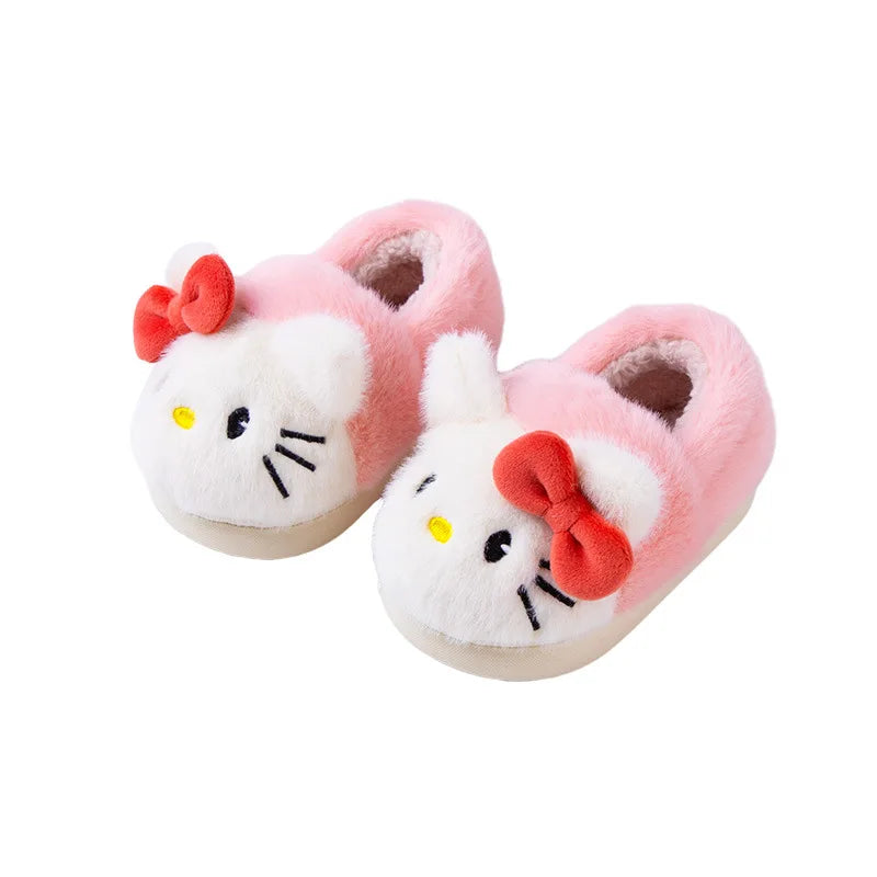 Kids'Slippers House Shoes Cartoon Hello Kitty Winter Shoes For Children Warm Cotton Fur Anti-slip White Pink Shoes Size13cm-18cm