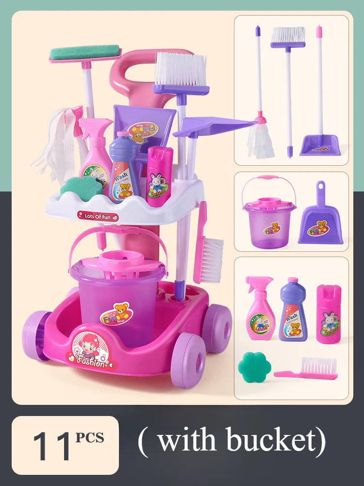Housekeeping Cleaning Trolley Playset Caddy Includes Accessories and Toy Vacuum with Sounds and Lights Pretend Play for Girls