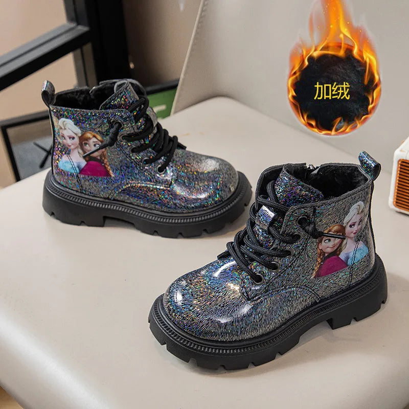 Kids'Casual Shoes Boots PU Leather Cartoon Elsa Spring Shoes For Girls Anti-slip Soft Bottom Black Pink Shoes Size 23-34