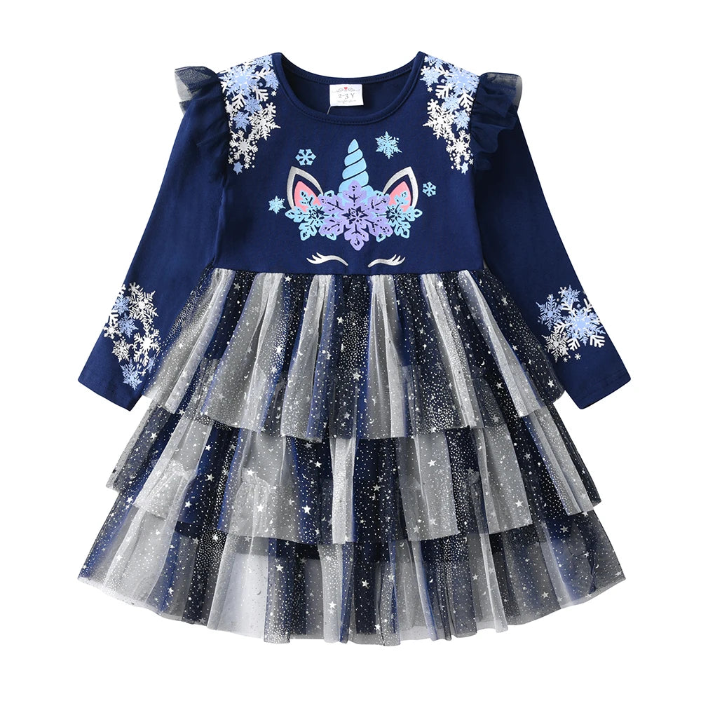 VIKITA 2024 Christmas Princess Dress Snowflake Printed Kids Dresses For Girls Cartoon Children Dresses New Year Party Vestidos