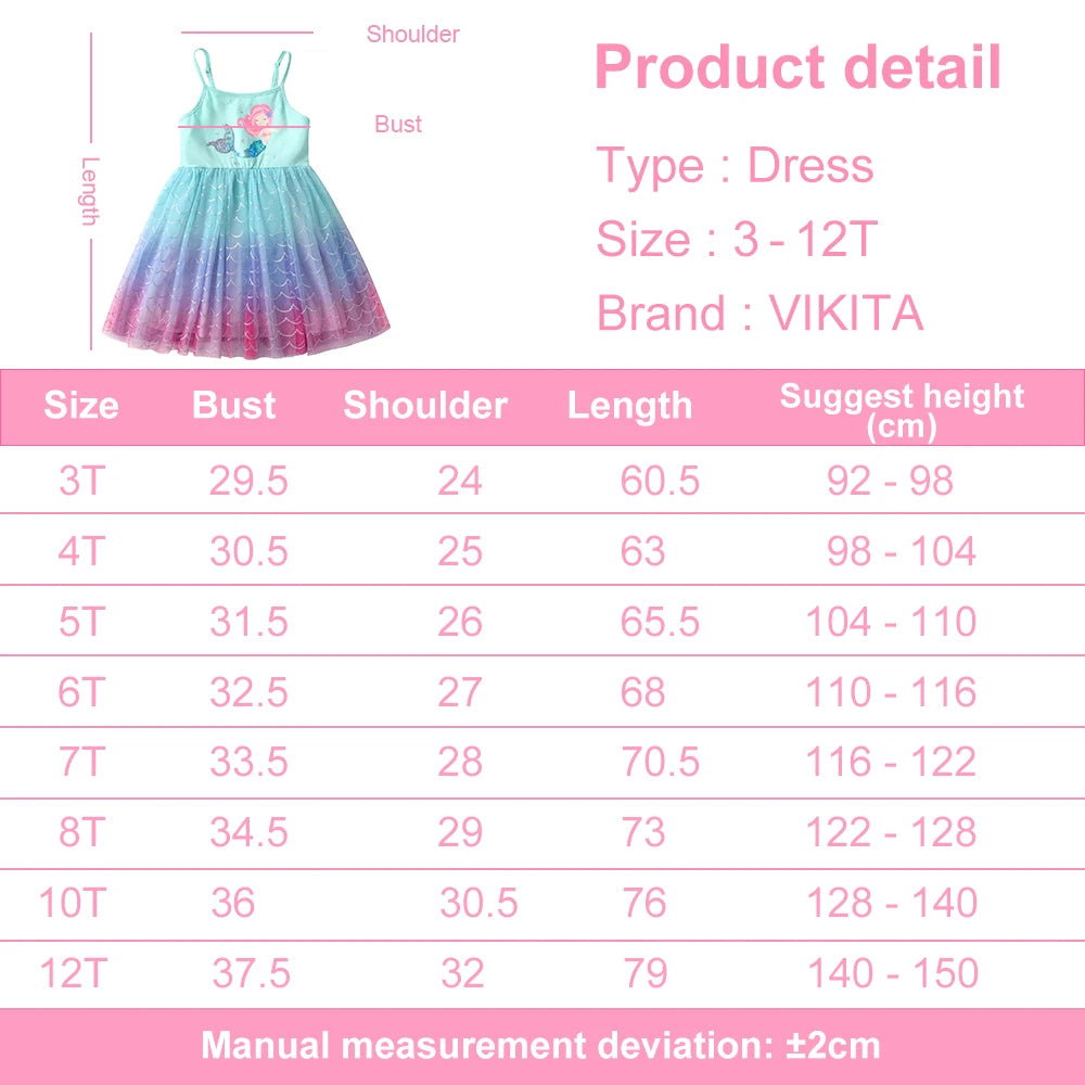 VIKITA Kids Blue Suspenders Sling Summer Princess Dress Girls Mermaid Print Princess Party Travel Mesh Tulle Stylish Costumes
